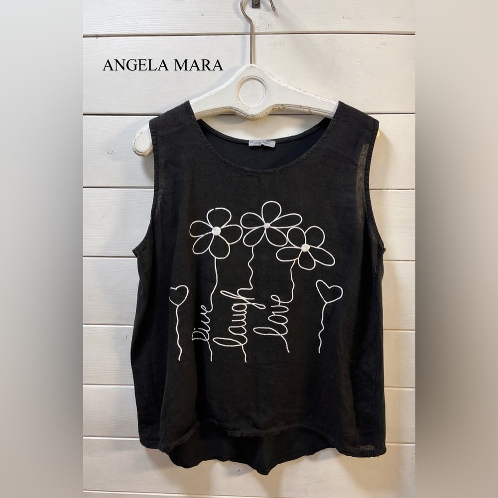 ANGELA MARA Black Linen Blend Sleeveless Top Size L/XL